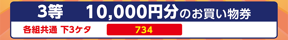 三等（一万円分のお買物券）当選番号は、各組共通下3ケタ734です。"